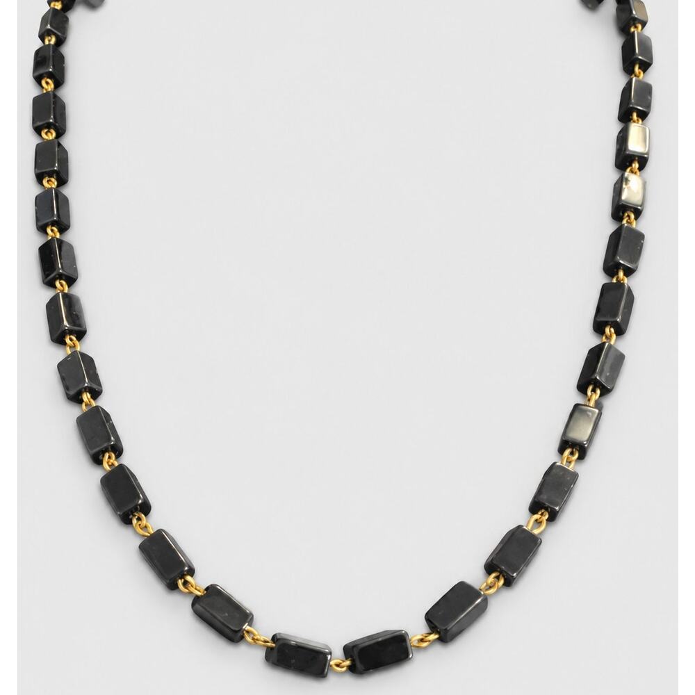 Vintage Black Glass Necklace‎ Rectangle Beads 22" Long 1940s Jewelry bk01-17